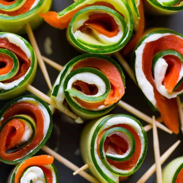 10 smoked salmon cucumber roll ups on skewers