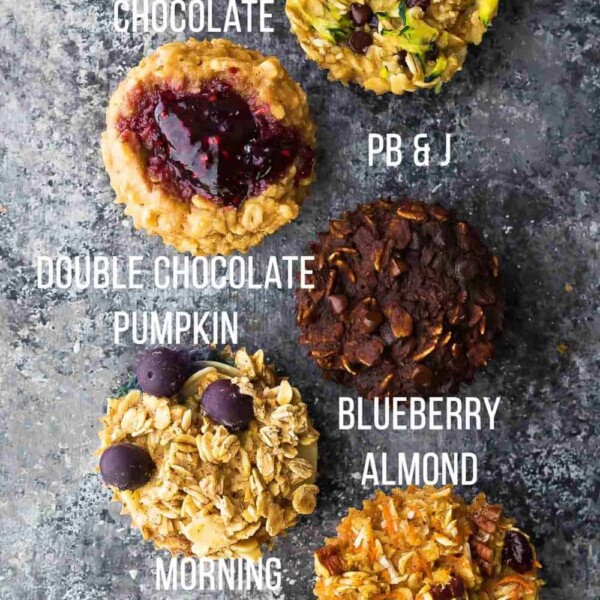 Overhead shot of a variety of baked oatmeal cups showing seven different flavors