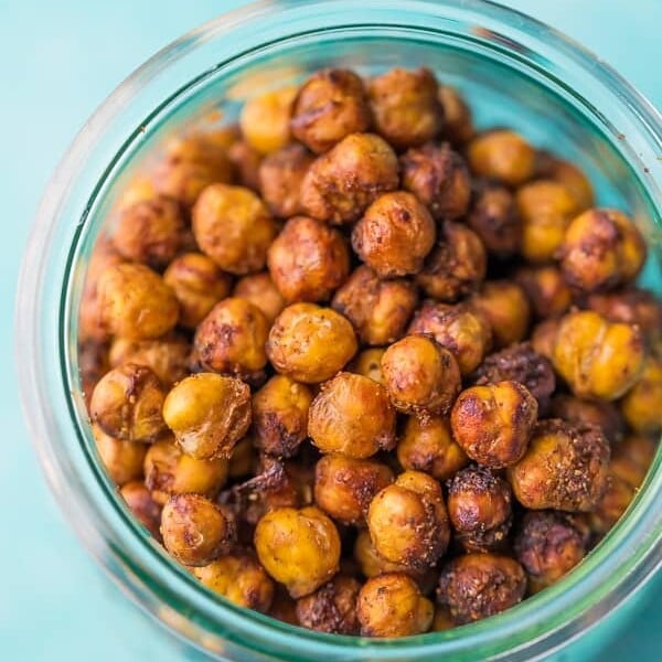 overhead shot of blue mason jar filled with crispy chickpeas