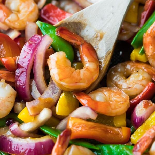 close up shot of sweet chili shrimp stir fry