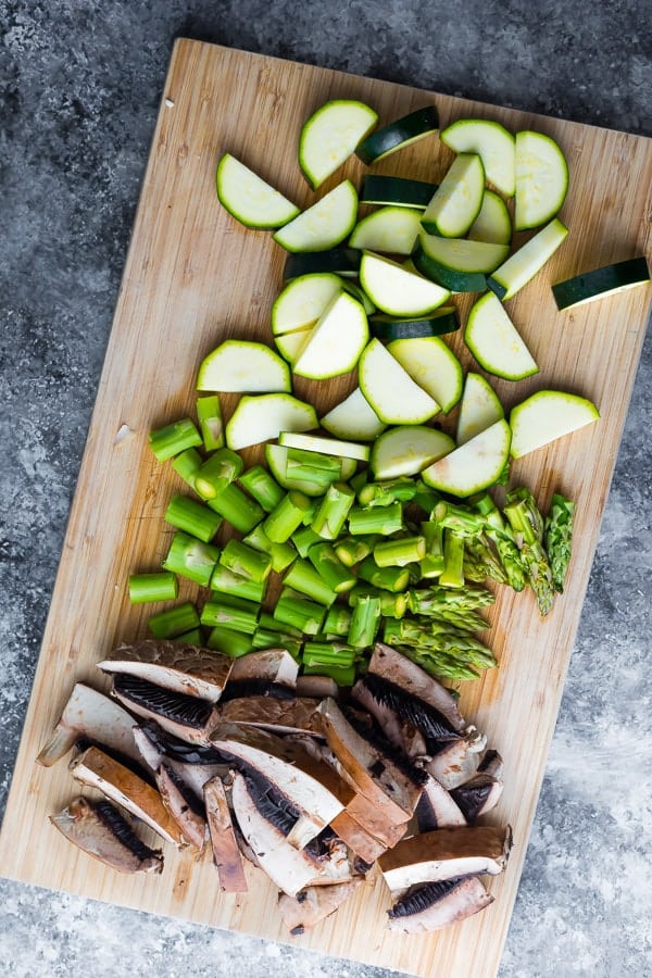 low carb breakfast meal prep vegetables chopped on wooden cutting board