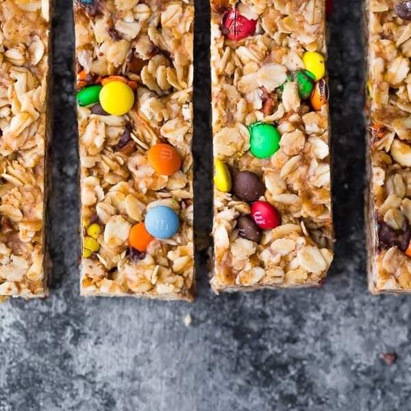 Overhead shot of four monster granola bars in a row