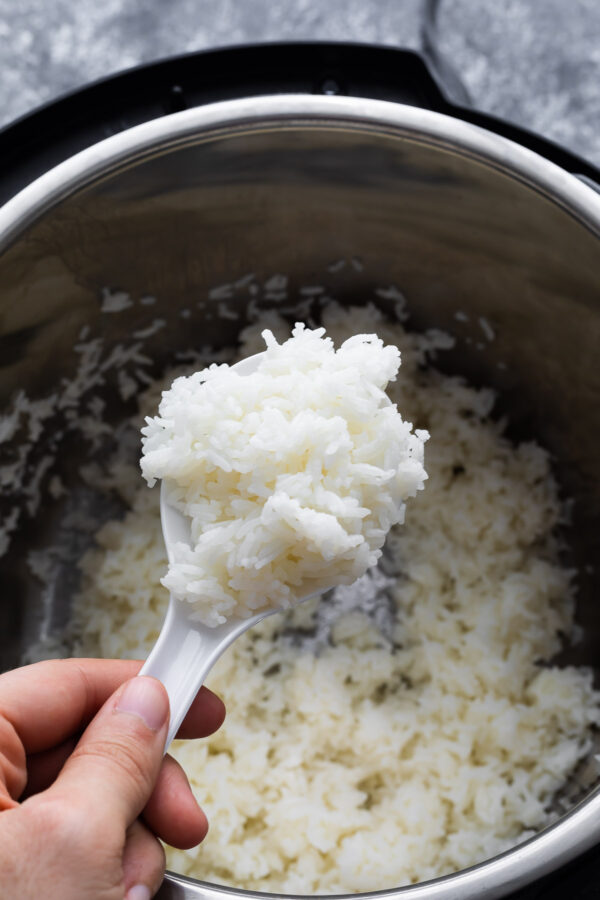 cooked jasmine rice on a rice paddle held above instant pot