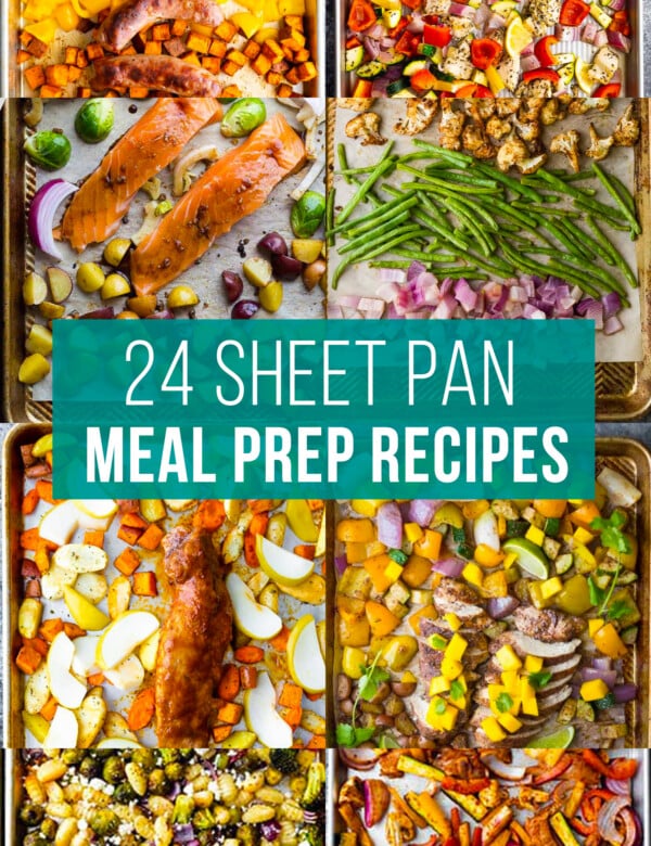 image graphic with text reading: 24 sheet pan meal prep recipes