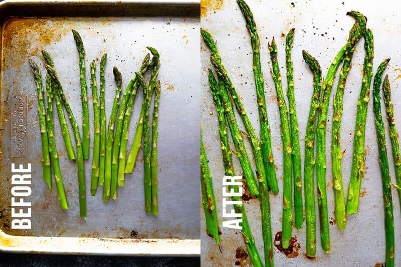 collage image showing how to cook asparagus in the oven (before and after)